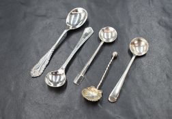 Five silver condiment spoons, of various size and design, including Old English pattern, gadrooned