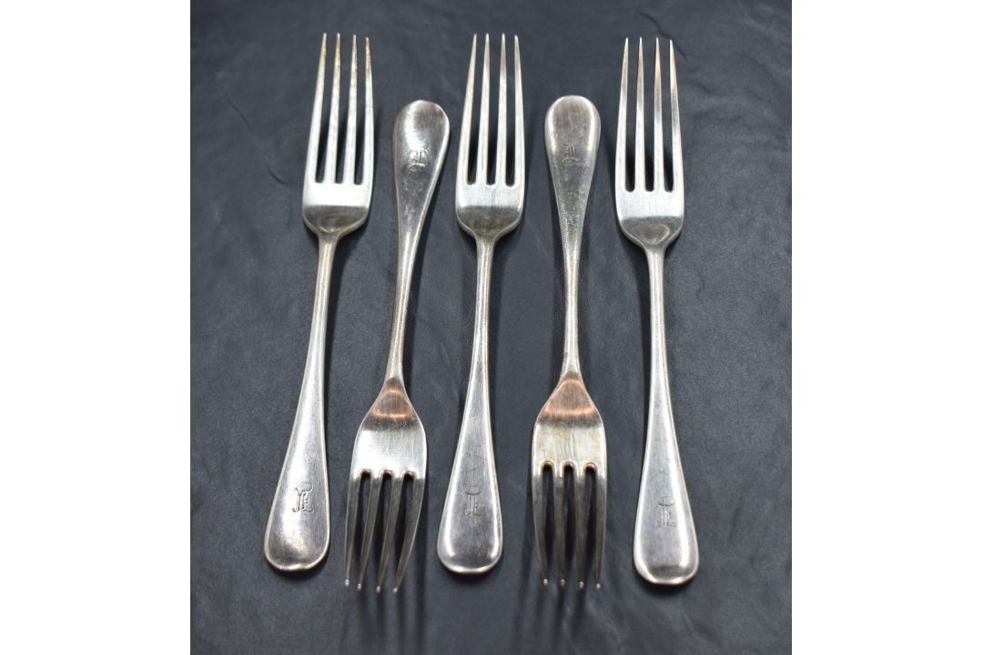 A group of five Victorian silver Hanoverian pattern forks, having an initial engraved to the - Image 1 of 4