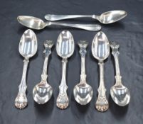 A set of six Victorian silver Victoria style pattern spoons, having 'AEW' monogram to the terminals,