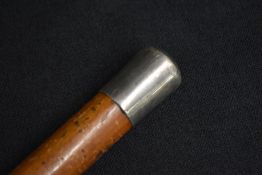A Victorian silver mounted walking stick, the pommel of plain design, marks for London 1887,