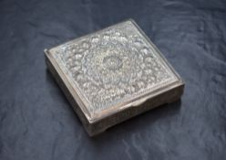 An Iranian white metal cigarette box, possibly 840. Or 875. grade, of square hinged form having