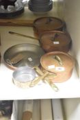 A 5 piece copper pan set, 3 with lids, largest w20cm, (5)