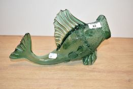 A vintage hand blown green glass fish vessel, L30cm