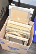 A box containing various frames, to include an oval gold colour frame ect, (9)