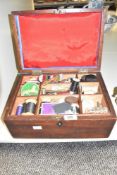 A vintage sewing box measuring 32cm x 23cm x 15cm, including contents scissors, pins etc.