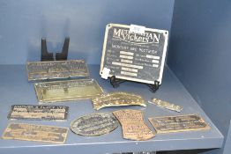 A Metropolitan Vickers Electrical Co, Ltd metal plaque, w15.5cm, sold together with various other