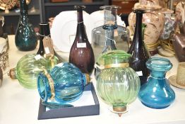 A Holmegaard style bottle vase, h23cm sold together with a smoked blue funnel vase, a carboy vase