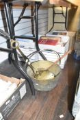 A large brass and iron jam pan, w33cm, sold together with two brass and iron laddles, (3).