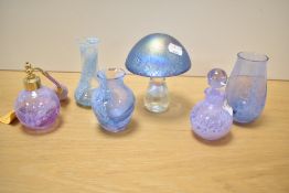 A Caithness pink glass perfume bottle, h11cm, sold together with a glass mushroom paperweight ect, (