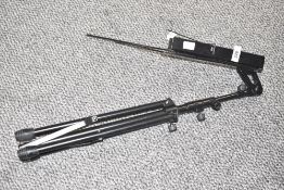 A black metal adjustable music stand, closed h59cm x open h118cm