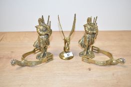 A pair of cast brass Scottish bagpipe sculptures, h15.5cm, sold together with a flying eagle and a