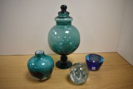 A mid-century Empoli glass vase in teal blue colour, h29cm, sold together with a Murano style
