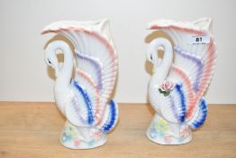 A pair of ceramic swan posy vases, h21cm