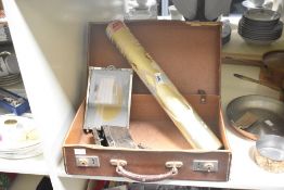 A vintage leather case, w39.5cm, sold together with a chatelain pencil case, a photo frame, a pair