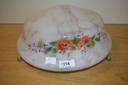 A vintage mottled glass plafonnier with hooks, beautifully hand painted with foliage, w30cm.