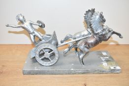A cast metal Troy chariot on marble base, L40cm