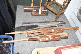 An rosewood travelling fork set engraved having geometrical patterns, L46cm, sold together with a