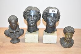 A cast metal bust of Marcus Aerelus, h10cm, sold together with a pair of goddess busts and Queen