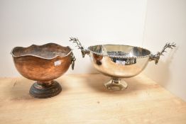 A large white metal wine cooler having stag head handles protruding from the steep bowl form, h19cm,