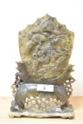 A Chinese carved soap stone table screen having pierced decoration with high-relief carving of