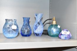 A Caithness style perfume bottle of circular form having a turquoise iridescent pattern, h11cm, sold