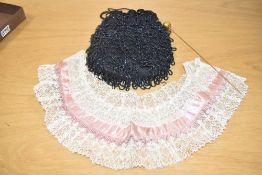 A box of vintage ladies accessories, containing: A piece of cream pineapple lace, layered with
