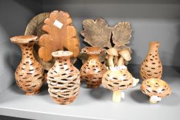 A carved oak tree sculpture, h22cm, sold together with a carved leaf, mushroom, plate ect, ( 10 ).
