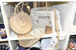 Two woven handbags sold together with a large Macrame light shade and plant hangers ect, (7)