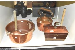 A 19th century mahogany tea caddy of sarcophagus form, L25cm, sold together with a copper kettle,