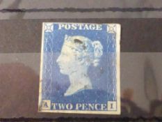 GB 1840 2D BLUE 4 MARGINS CORNER LETTERS AI WITH FEINT BLACK MX CANCEL Fine used 2d blue (no white