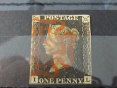 GB 1840 1D BLACK CORNER LETTER IL, 4 MARGINS, (JUST) TIED WITH RED MX 1d black, with four margins,