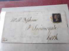 GB 1840 (OCT) 1D BLACK ENTIRE (PL5) LETTERS TG SENT DURHAM TO YORK 4 Margin intense looking 1d