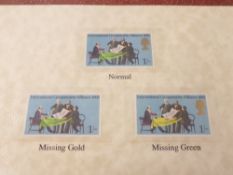 GB 1970 ANNIVERSARIES 1 SHILLING VALUE WITH MISSING GOLD AND MISSING GREEN ERRORS Westminster folder