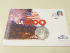 USA 2000 MILLENNIUM NUMISMATIC COVER WITH 1OZ FINE SILVER $1 COIN Millennium cover for the 1sst