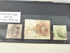 GB 1847-54 EMBOSSED ISSUE SET OF THREE ALL CUT SQUARE (10d ON PIECE) USED Card with the set of three