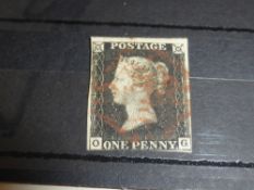 GB 1840 1D BLACK CORNER LETTER OG PLATE 7, 3 MARGINS, TIED WITH RED MX 1d black, plate 7 three