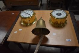 A Schatz Royal Mariner ships style clock and similar barometer, mounted on laminate board with bell