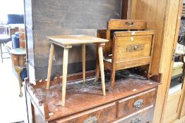 A mid 20th Century oak magazine rack and vintage occasional table
