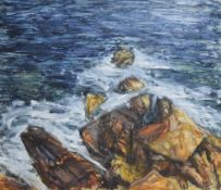 A mid-late 20th century oil on board, rocky coastal scene, unsigned, marked in ink John Higgins