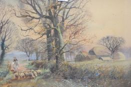 Henry Charles Fox (British 1855-1929) watercolour, droving sheep within a rural setting, signed