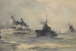 After Montague Dawson (British 1890-1973) colour print 'The Sinking of the Blucher', within an off
