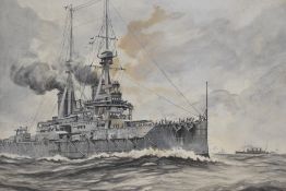 J J Jelley (19th/20th Century) monochrome watercolour showing a dreadnought style ship, signed and