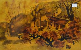 Artist unknown, oriental school painting on board, depicting a landscape with blossom trees,
