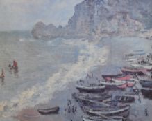 Claude MONET (French, 1840-1926) colour print depicting boats, cliffs and beach, within off white