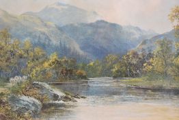 Artist unknown, colour print showing cattle in a riverside scene, within cream washline mount and
