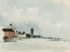 After John Tookey (20th Century, British), colour print, coastal landscape with boats and houses,