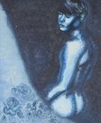 Leavers (Artist unknown) a 1970's oil on board, figure with flowers in blue tones, signed and