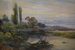 John Horace Hooper (British 1851-1906) watercolour, pastoral river landscape with cattle and figures