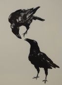 After Alan Stones (British b.1947) eye catching monochrome print, Ravens, without signature, bearing