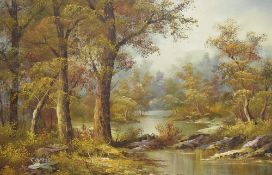 C Inness (20th century) oil on canvas, autumnal woodland river scene, signed lower left, within a